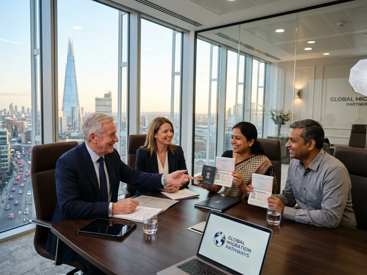 Senior immigration consultants reviewing approved visas with clients